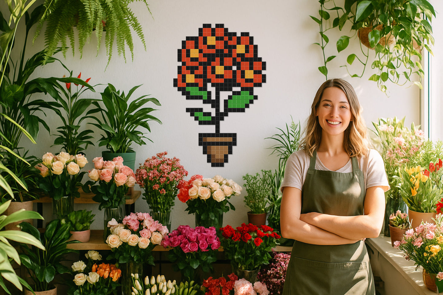 décoration murale boutique pixel art bouquet de fleurs
