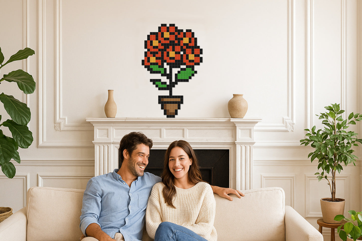 décoration murale pixel art bouquet de fleurs