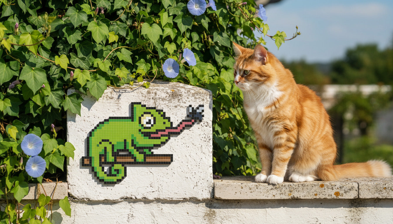 décoration murale caméléon pixel art jardin