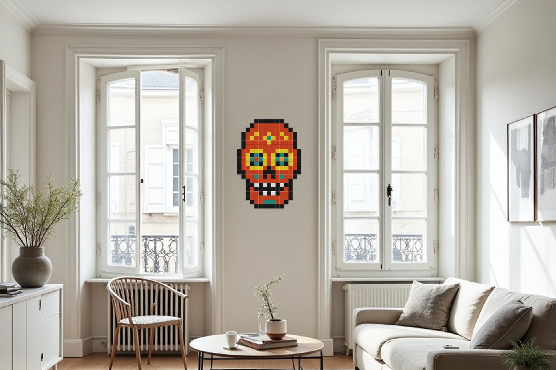décoration murale salon crâne mexicain pixel art