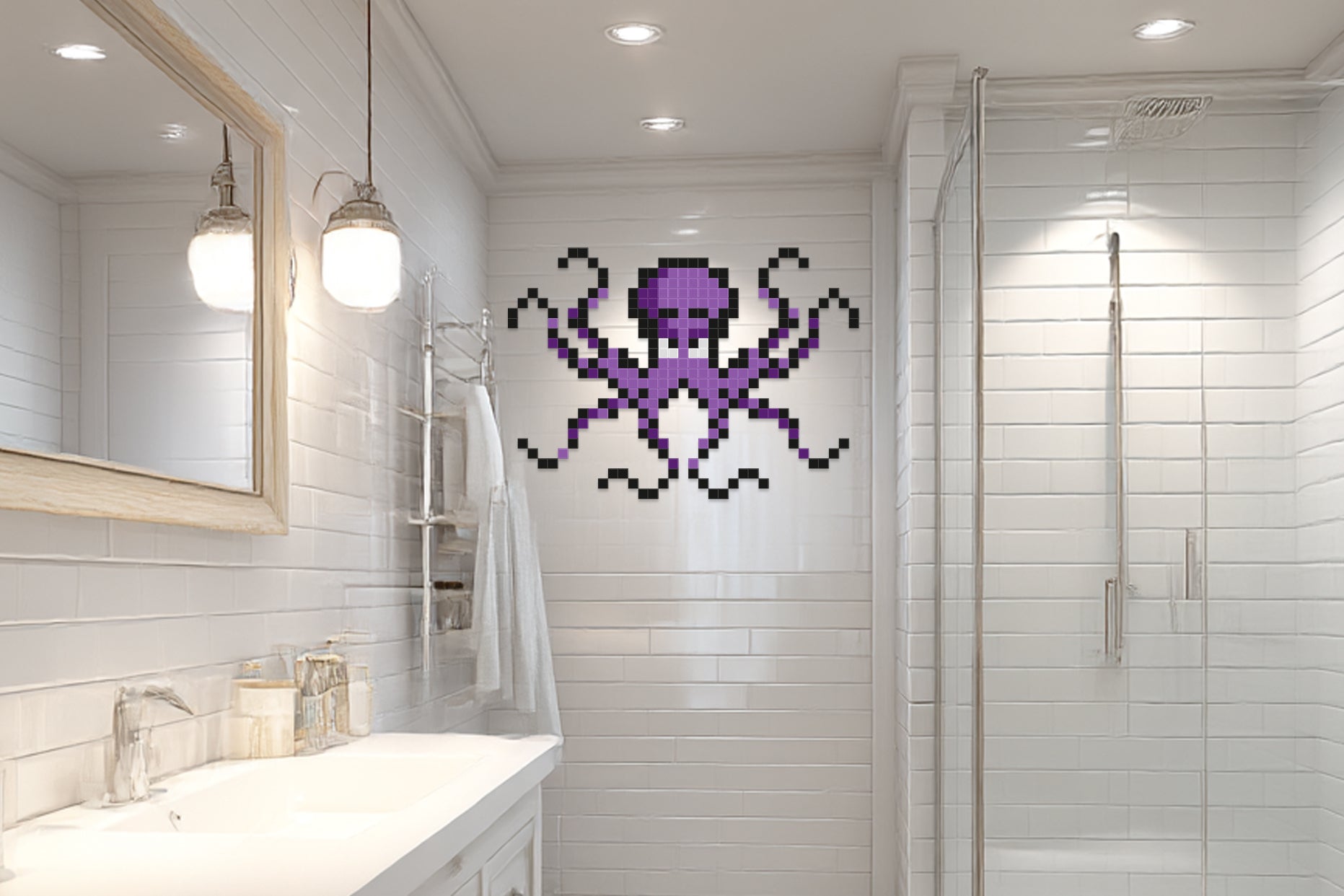 décoration murale pieuvre pixel art salle de bain