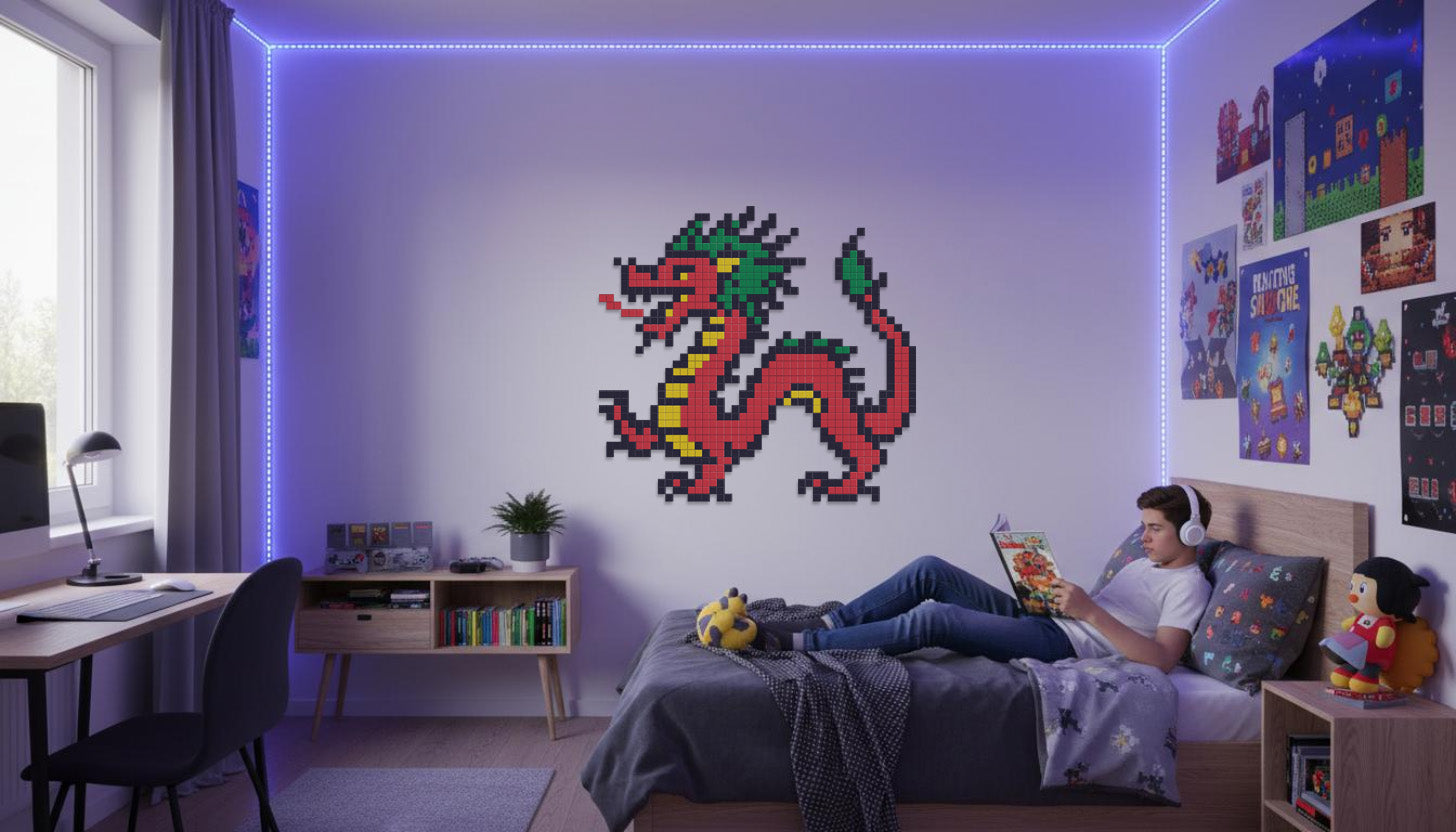 décoration murale ambiance pixel art dragon chinois