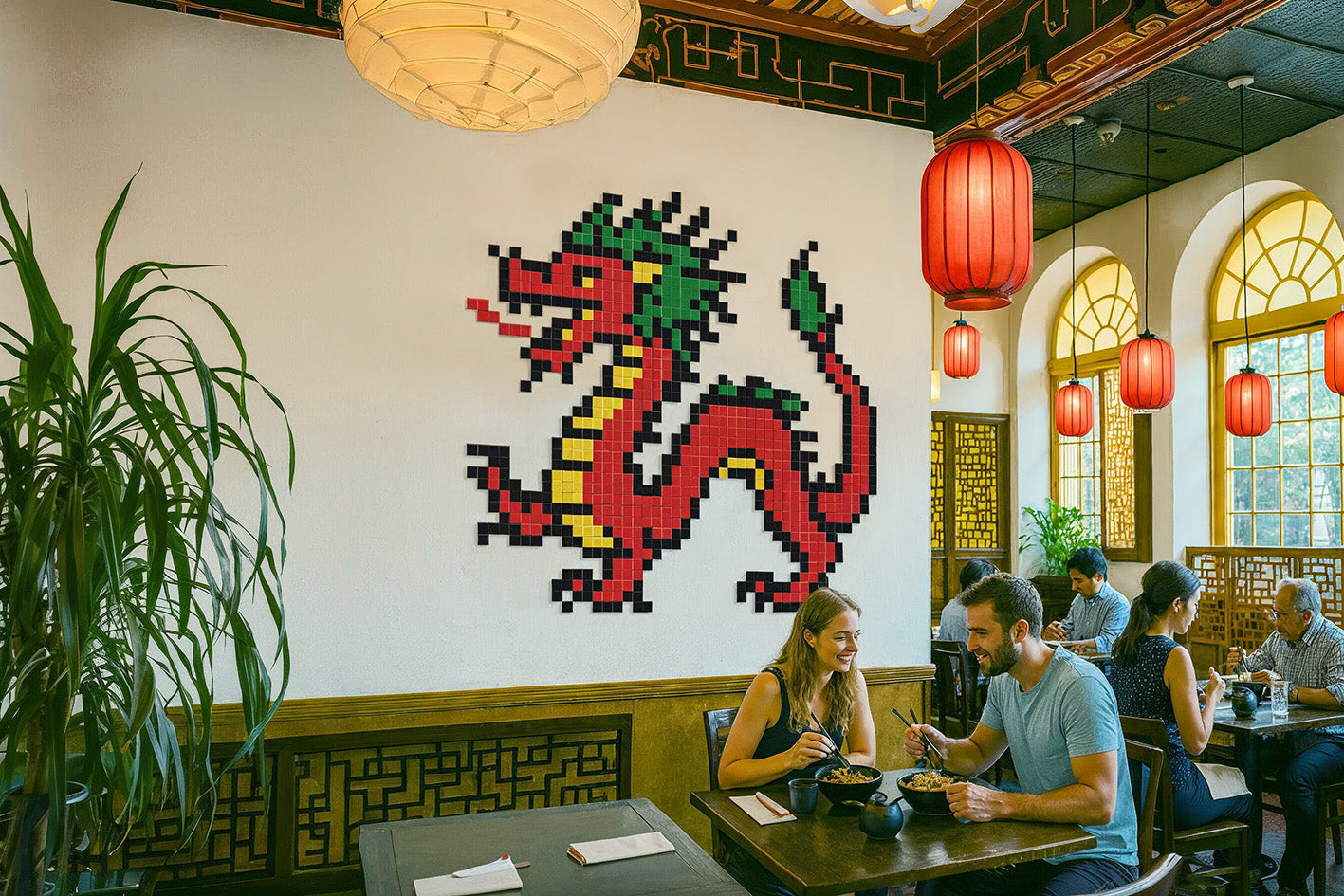 décoration murale pixel art restaurant dragon chinois