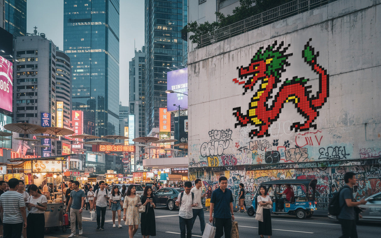 street art pixel art dragon chinois
