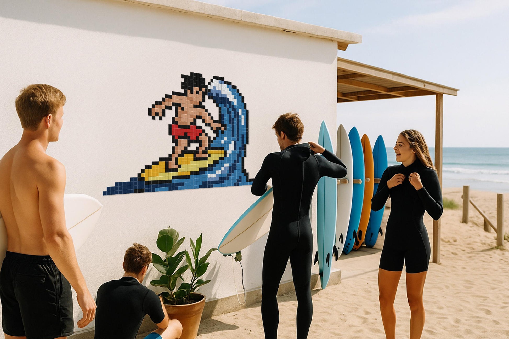 pixel art décoration murale extérieure surfeur